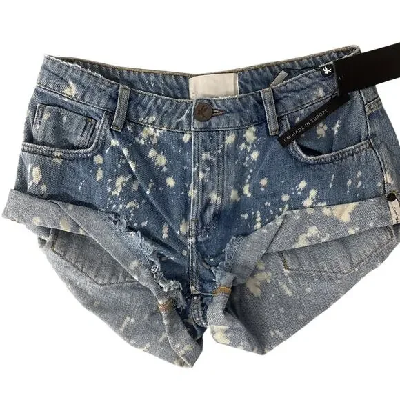 NEW One Teaspoon Free People Sz 26 2 acid Shorts Blue Distressed white sexy - Picture 1 of 4
